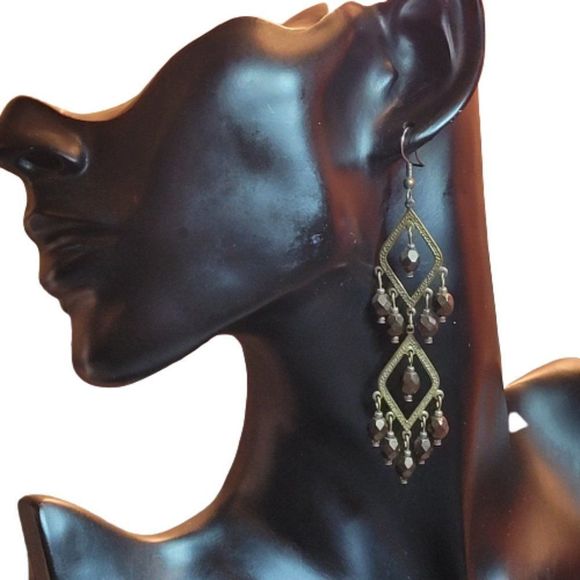 Handcrafted Jewelry - Vintage Handcrafted Copper Brown Double Drop Gold Tone Dangle Fashion Earrings